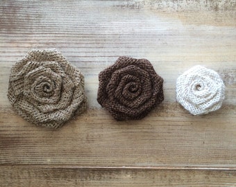 Set of 10- Burlap Rosettes-3.5" Large- 3 Colors Available- Weddings/ Country/ Folk/ Rustic-Americana-Fabric Flowers-Home DIY Projects