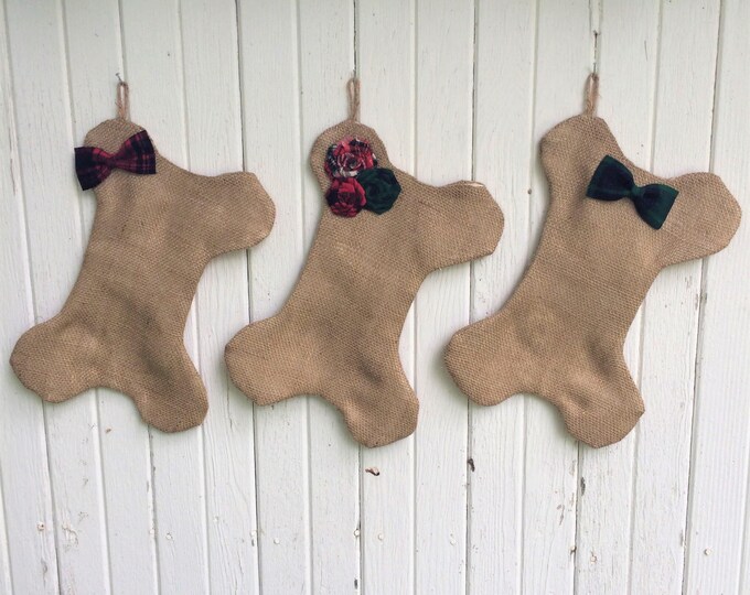 Burlap & Plaid Dog Bone Christmas Stocking With Rosettes OR Bow/Bow Tie- 2 Stocking Sizes Available-Red/Green/Plaid-Puppy/Dog Stocking