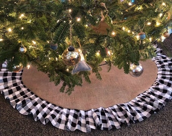 54" Natural Burlap Christmas Tree Skirt w/ Buffalo Plaid Ruffle- Black/White Buffalo Check- Rustic/Cabin/Lodge Decor-Rustic Chic-Farmhouse