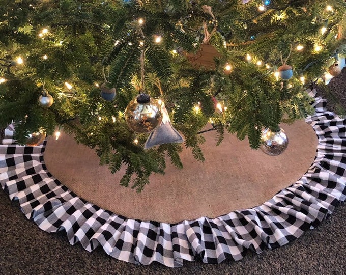 54" Natural Burlap Christmas Tree Skirt w/ Buffalo Plaid Ruffle- Black/White Buffalo Check- Rustic/Cabin/Lodge Decor-Rustic Chic-Farmhouse