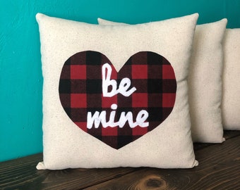 13" x 13" Be Mine Natural Cotton Throw Pillow-Custom Colors Available-Red/Black & Black/White Buffalo Check-Valentines Day Decor