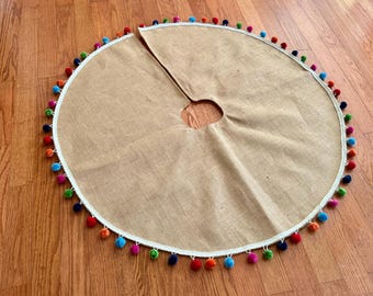 Natural Burlap Christmas Tree Skirt with Bright Multi Colored Pom Pom Trim- 42" or 62" Size Available- Colorful Christmas Decor