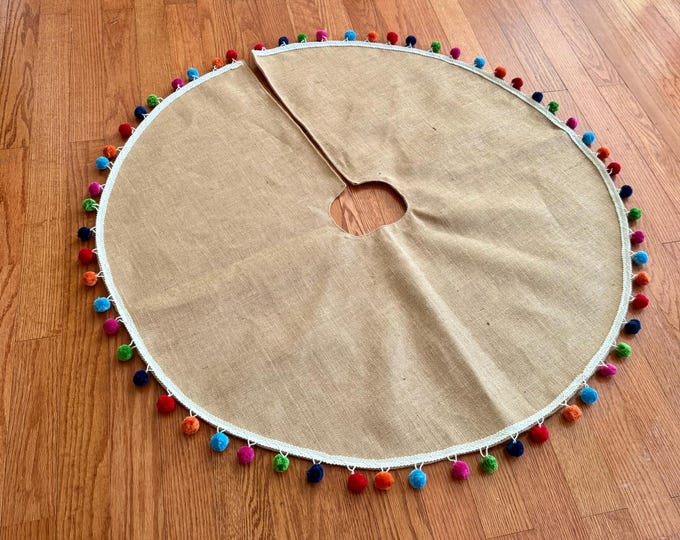 Natural Burlap Christmas Tree Skirt with Bright Multi Colored Pom Pom Trim- 42" or 62" Size Available- Colorful Christmas Decor