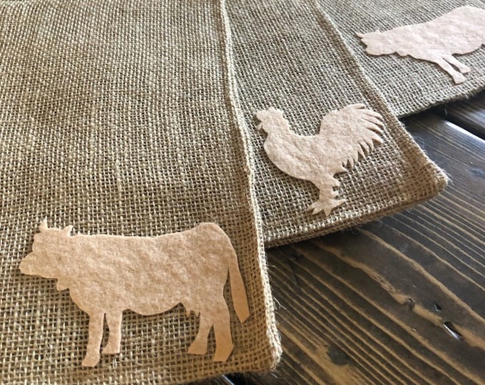 Set of 4- Farm Animal Themed Natural Burlap Placemats-Double Sided- Pig-Cow-Horse-Rooster-Goose-Lamb-Rustic/Country/Farmhouse Decor-Custom