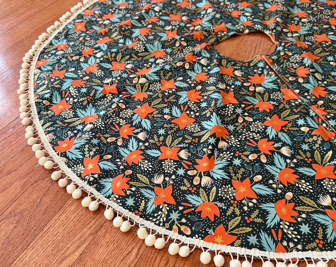 Floral Poinsettia Christmas Tree Skirt with Burlap Lining and Pom Pom Trim- Holiday Classics Fabric By Rifle Paper Co. with Metallic Accents