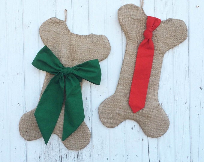 Set of 2--His & Hers Burlap Dog Bone Christmas Stockings With Bow and Tie- Puppy/Dog Stocking-Choose Your Colors-Rustic/Shabby Chic//Natural