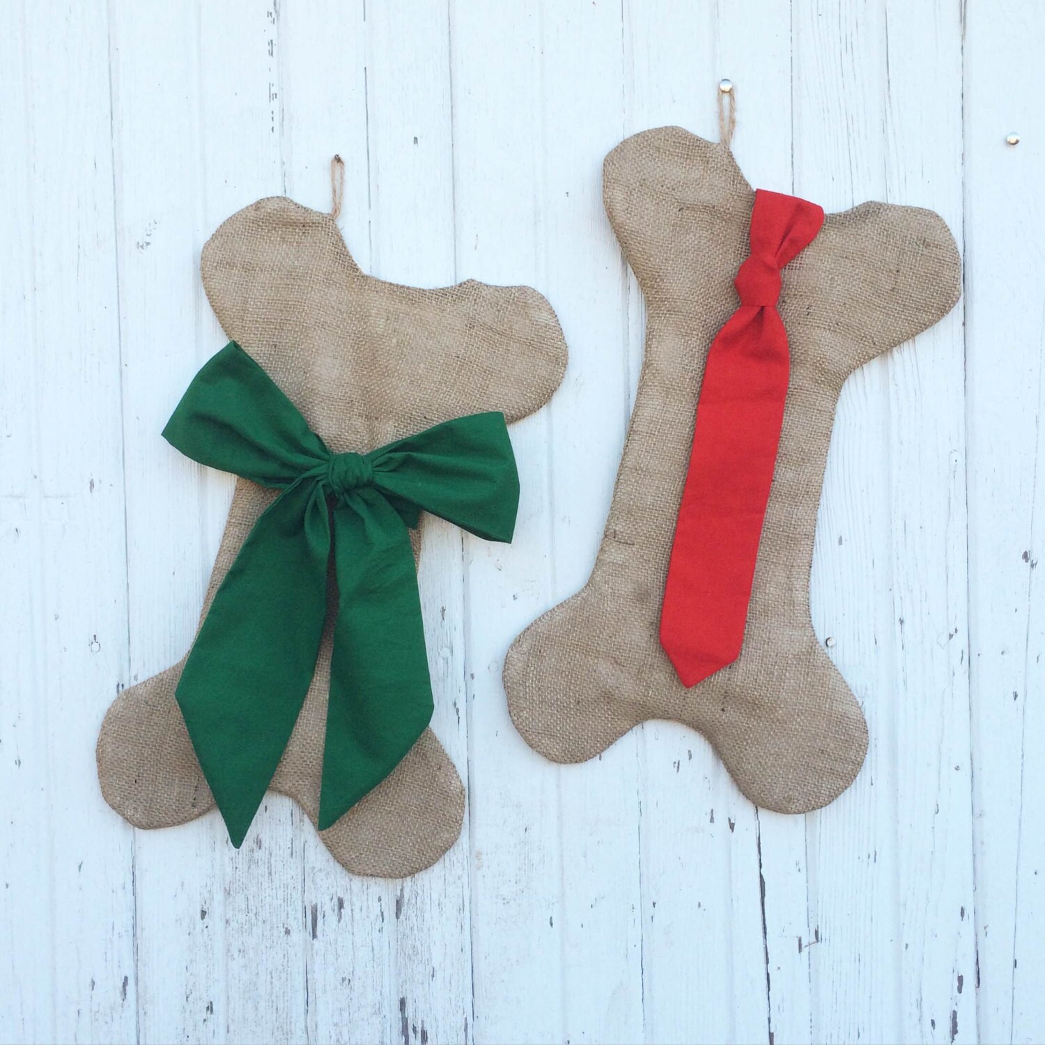 Set of 2--His & Hers Burlap Dog Bone Christmas Stockings With Bow and ...