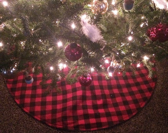 40" Buffalo Plaid & Natural Burlap Tree Skirt- Red/Black Check-Cotton Flannel-Christmas-Woodland-Cabin/Farmhouse Decor-Rustic Chic