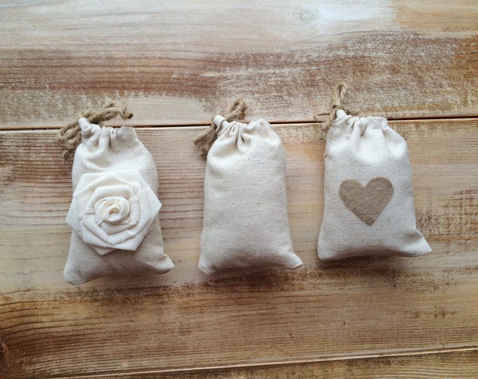 Set of 12-Natural Cotton Favor Bags-Cinch With Jute Twine-3 Designs & 2 Sizes Available-Weddings/Party/Reception-Natural/Rustic/Woodsy