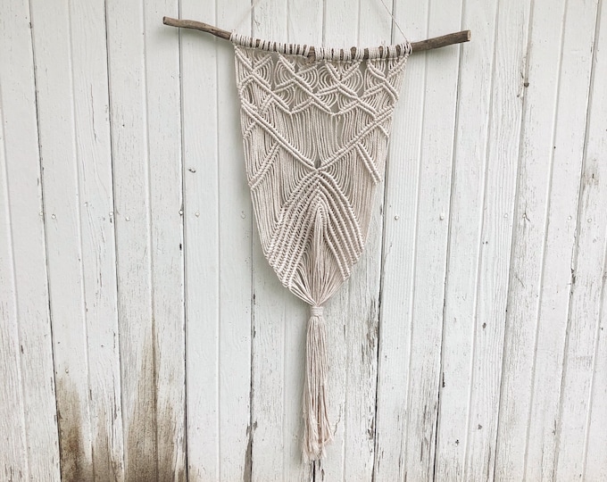 Macrame Wall Decor- Natural Cotton Cord & Weathered Wood- Feathers-Boho/Bohemian Home Decor-Wall Hanging-Nursery/Office/Bedroom Decor-Large