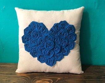 13" x 13" Natural Cotton Rosette Heart Pillow- Cotton Rosettes- Many Colors Available- Customize- Valentines Day- Love Pillow- Shabby Chic