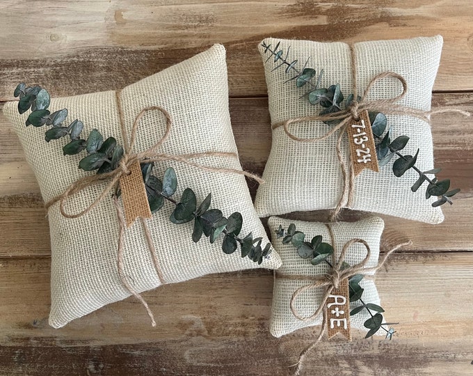 Burlap Ring Bearer Pillow With Preserved Baby Eucalyptus- Ivory or Natural- Wedding Greenery- Wedding Ceremony- Keepsake- Rustic/Boho