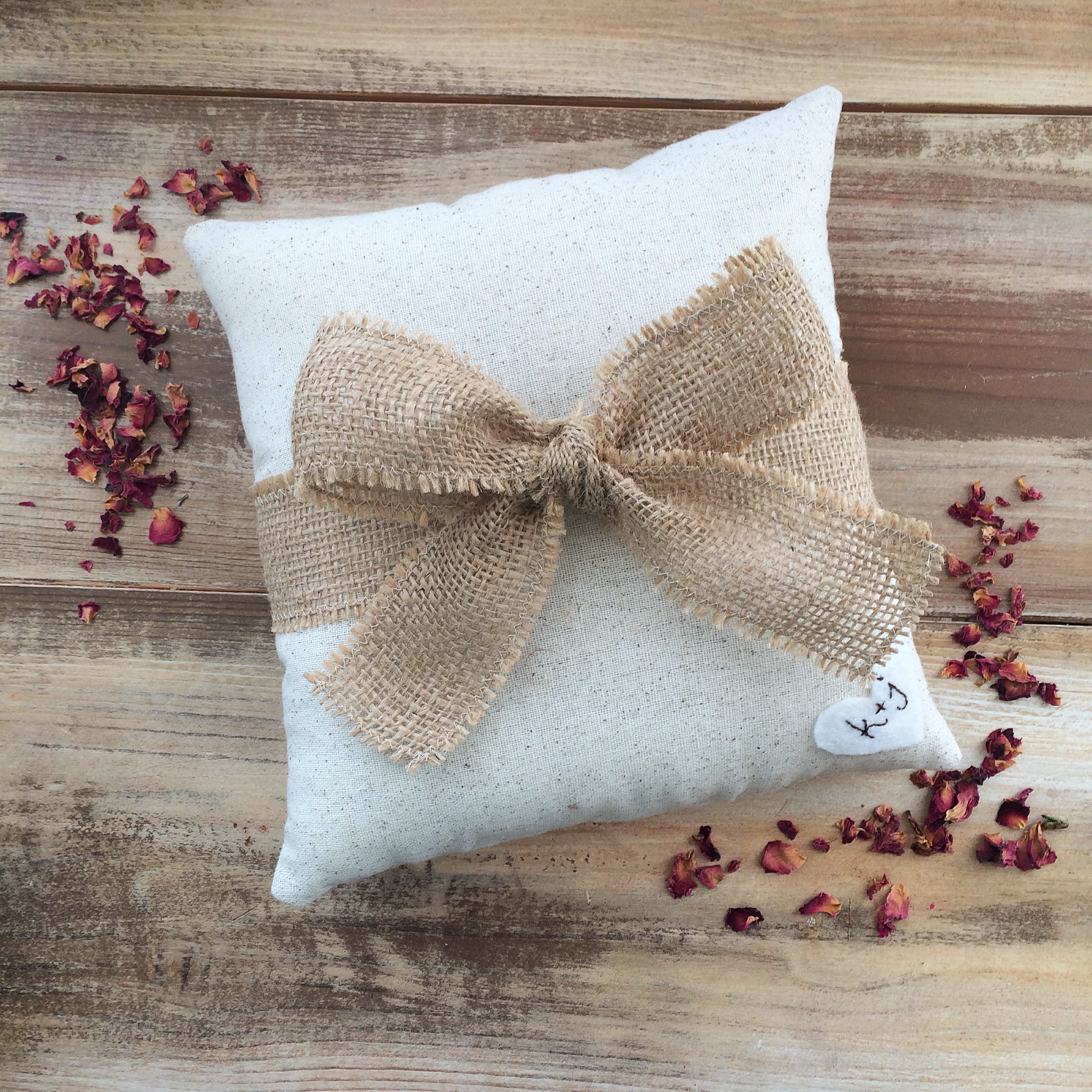 Natural Cotton Ring Bearer Pillow With Natural Burlap Ribbon And