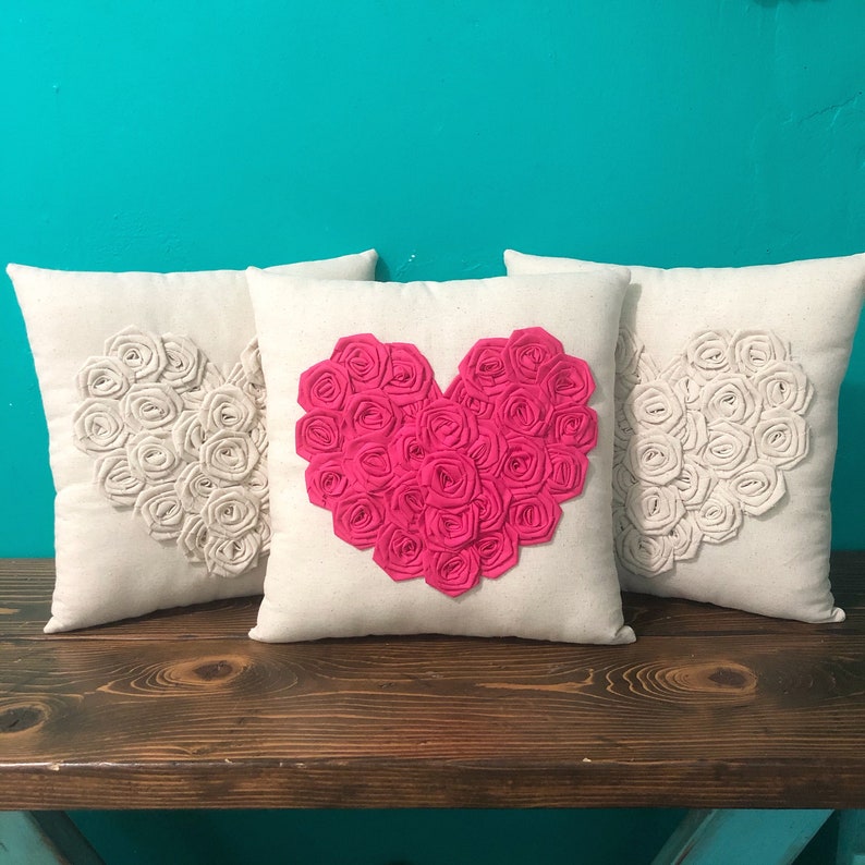13 x 13 Natural Cotton Rosette Heart Pillow Cotton Rosettes Many Colors Available Customize Valentines Day Love Pillow Shabby Chic image 3