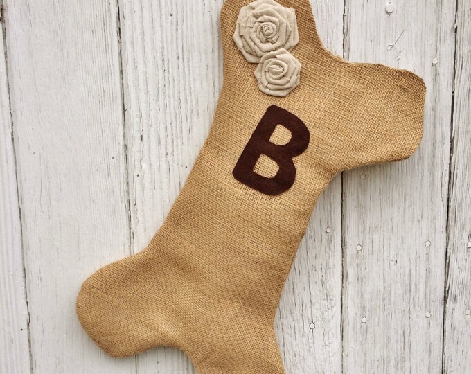 Burlap Dog Bone Christmas Stocking With Rosettes- Puppy/Dog Stocking-Personalize With Letter/Custom Colors-Rustic/Shabby Chic//Natural