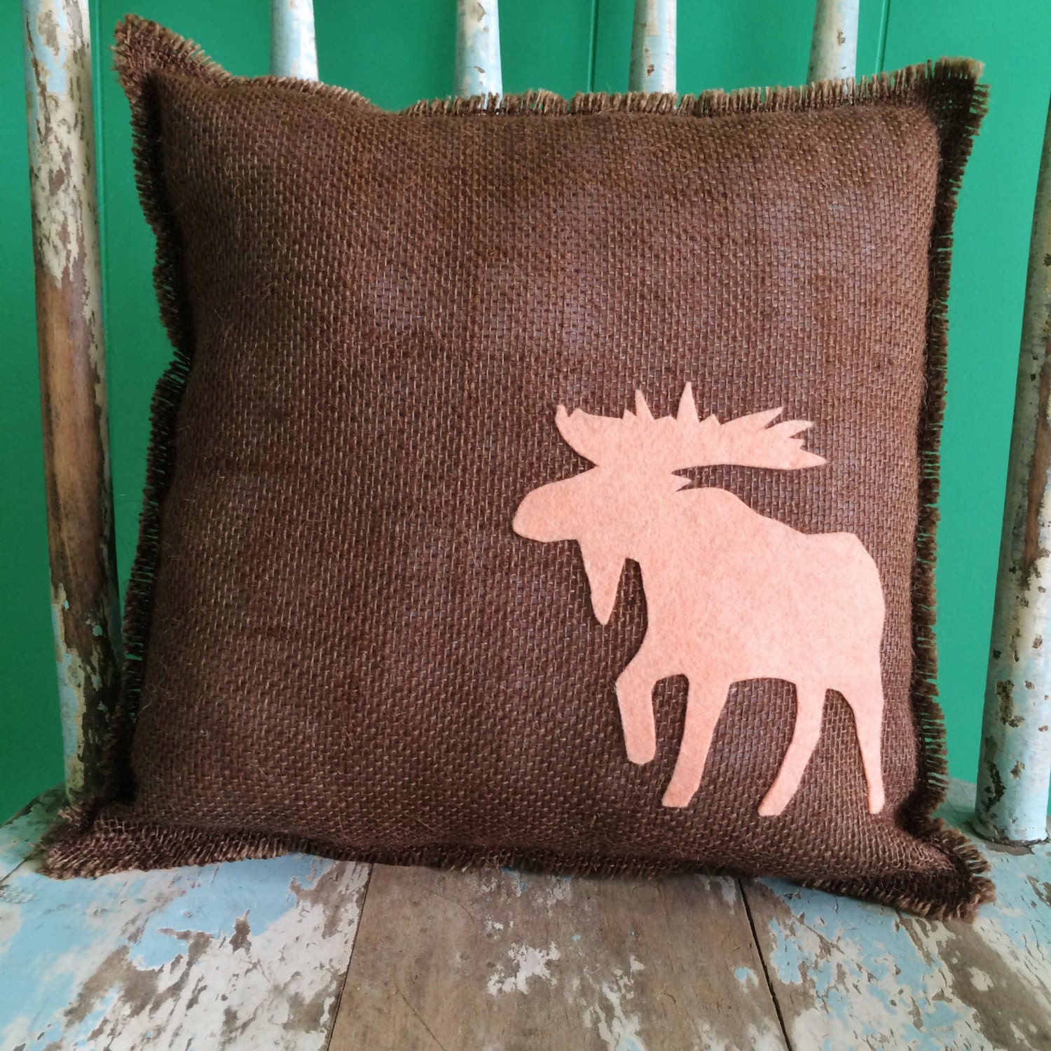 13 x 13 Burlap Fringe Pillow with Moose AppliqueWildlife Collection