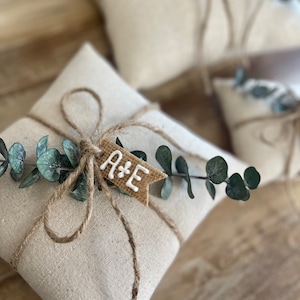 Natural Cotton Ring Bearer Pillow with Preserved Baby Eucalyptus Jute Twine and Personalized Burlap Tag Three Sizes Available Minimalist image 6