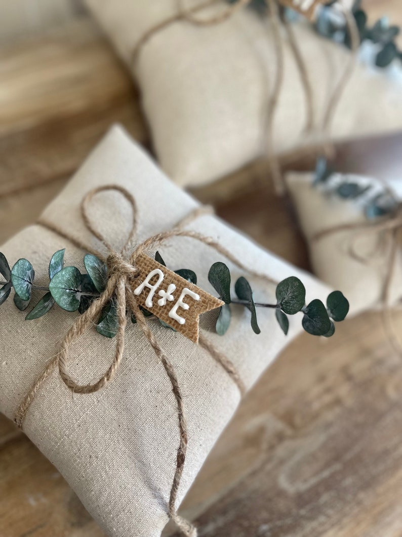 Natural Cotton Ring Bearer Pillow with Preserved Baby Eucalyptus Jute Twine and Personalized Burlap Tag Three Sizes Available Minimalist image 6