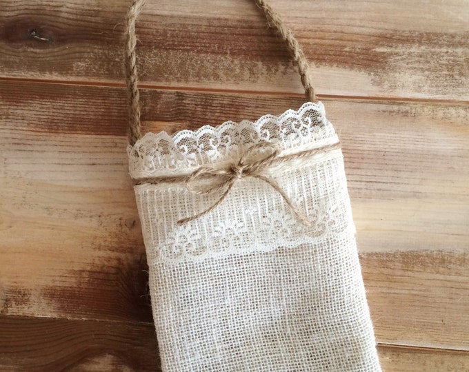 Burlap Flower Girl Bag w/ Cream Lace and Jute Twine Handle - Choose Your Color- Country/Barn/Beach/Shabby Chic/Rustic/Folk/Wedding