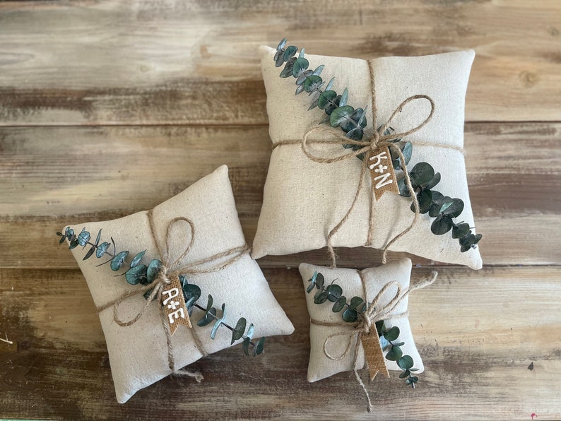 Natural Cotton Ring Bearer Pillow with Preserved Baby Eucalyptus Jute Twine and Personalized Burlap Tag Three Sizes Available Minimalist image 8