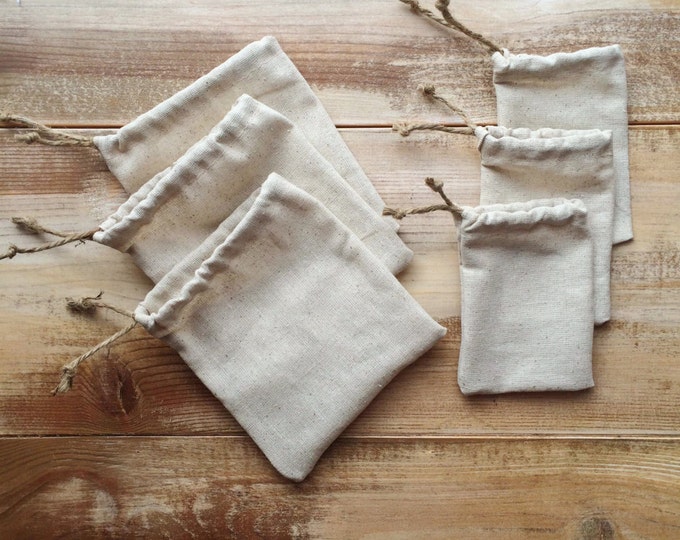 Set of 12-Natural Cotton Favor Bags-Cinch With Jute Twine-3 Designs & 2 Sizes Available-Weddings/Party/Reception-Natural/Rustic/Woodsy