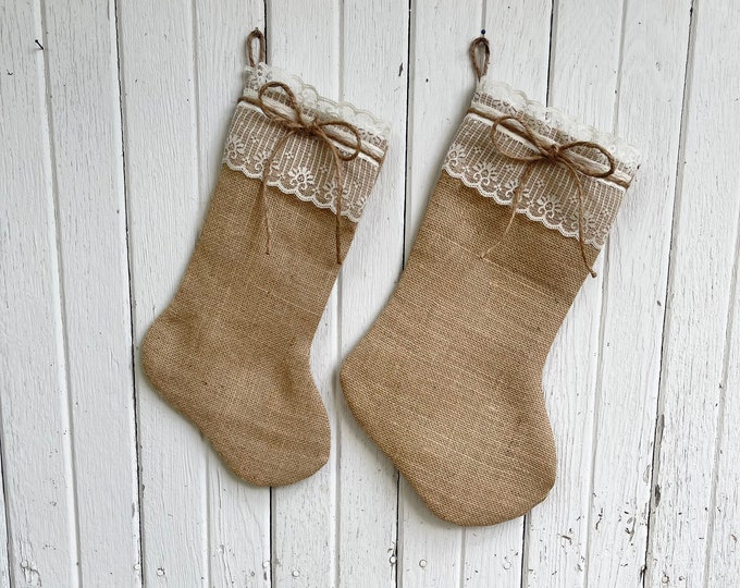 Burlap & Lace Christmas Stocking-Personalize with a Name-Shabby Chic-Natural/Folk/Country/Rustic-Burlap Christmas Decor