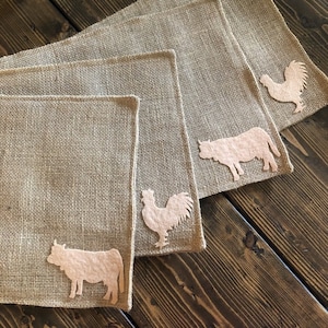 Set of 6 Farm Animal Themed Natural Burlap Placemats-Double Sided Pig-Cow-Horse-Rooster-Goose-Lamb-Rustic/Country/Folk Decor-Custom Colors image 1