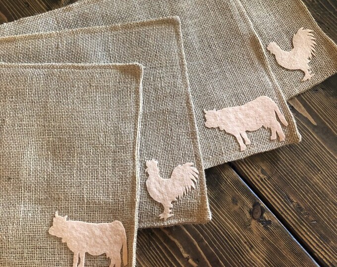 Set of 6- Farm Animal Themed Natural Burlap Placemats-Double Sided- Pig-Cow-Horse-Rooster-Goose-Lamb-Rustic/Country/Folk Decor-Custom Colors