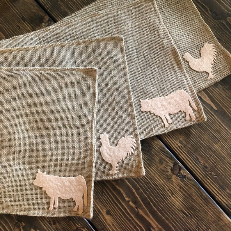 Set of 6 Farm Animal Themed Natural Burlap Placemats-Double Sided Pig-Cow-Horse-Rooster-Goose-Lamb-Rustic/Country/Folk Decor-Custom Colors image 1