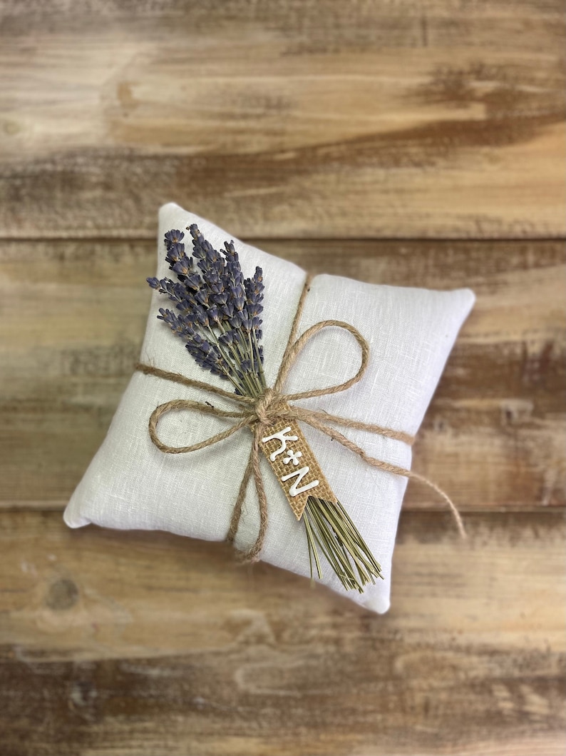 Organic White Linen Ring Bearer Pillow with Dried Lavender Jute Twine and Personalized Burlap Tag Three Sizes Available Natural Florals image 1