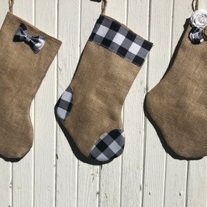 Black & White Buffalo Check Christmas Stocking- Three Designs Available-Bow Tie/Rosettes-Natural Burlap-Farmhouse-Holiday Decor