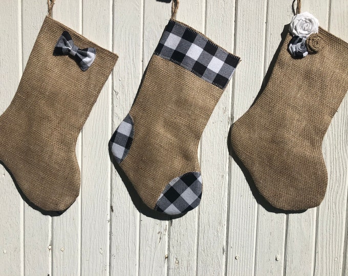 Black & White Buffalo Check Christmas Stocking- Three Designs Available-Bow Tie/Rosettes-Natural Burlap-Farmhouse-Holiday Decor