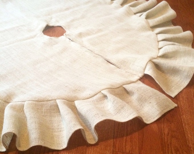 54" Off-White Burlap Christmas Tree Skirt With Off White Burlap Ruffle- Cream-Rustic/ Folk/ Country/ Shabby Chic/Farmhouse- Rustic Chic