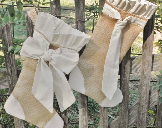 His & Hers- Burlap Christmas Stockings-Set of 2- Bow and Tie- Country/Folk/Shabby Chic