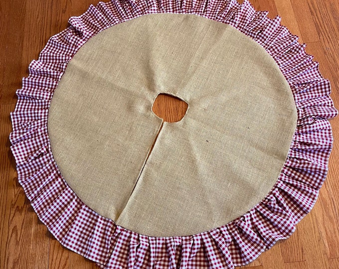 READY TO SHIP 52” Natural Burlap Christmas Tree Skirt with Gingham Ruffle- Red/White- Rustic/Cabin/Lodge Decor-Rustic-Farmhouse-Americana