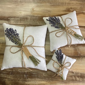 Organic White Linen Ring Bearer Pillow with Dried Lavender Jute Twine and Personalized Burlap Tag Three Sizes Available Natural Florals image 4