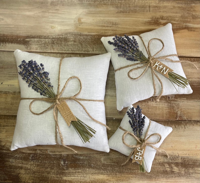 Organic White Linen Ring Bearer Pillow with Dried Lavender Jute Twine and Personalized Burlap Tag Three Sizes Available Natural Florals image 4