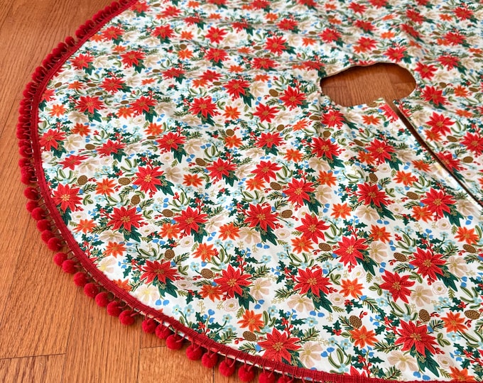 Floral Poinsettia Christmas Tree Skirt with Burlap Lining and Pom Pom Trim- Holiday Classics Fabric By Rifle Paper Co. with Metallic Accents