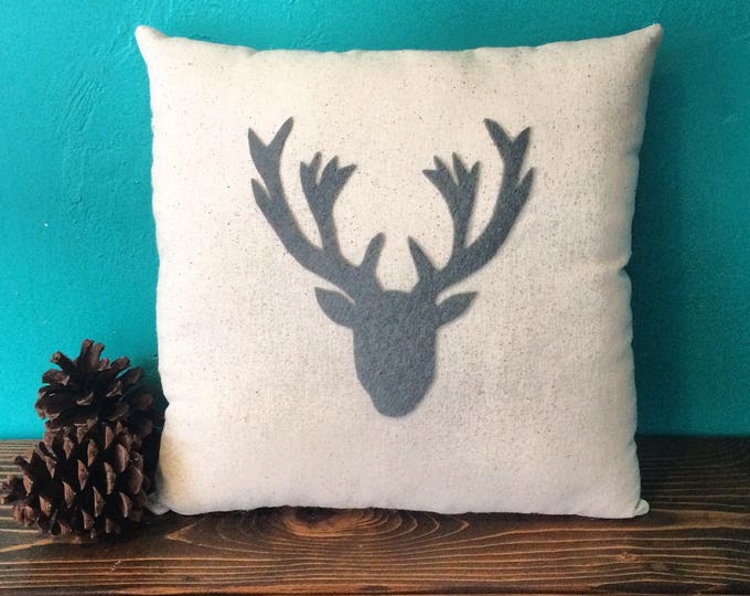 13" x 13" Natural Cotton Pillow with Deer Head Silhouette Appliqué-Elk Head-Choose Your Color- Woodland-Cabin-Winter/Holiday Decor