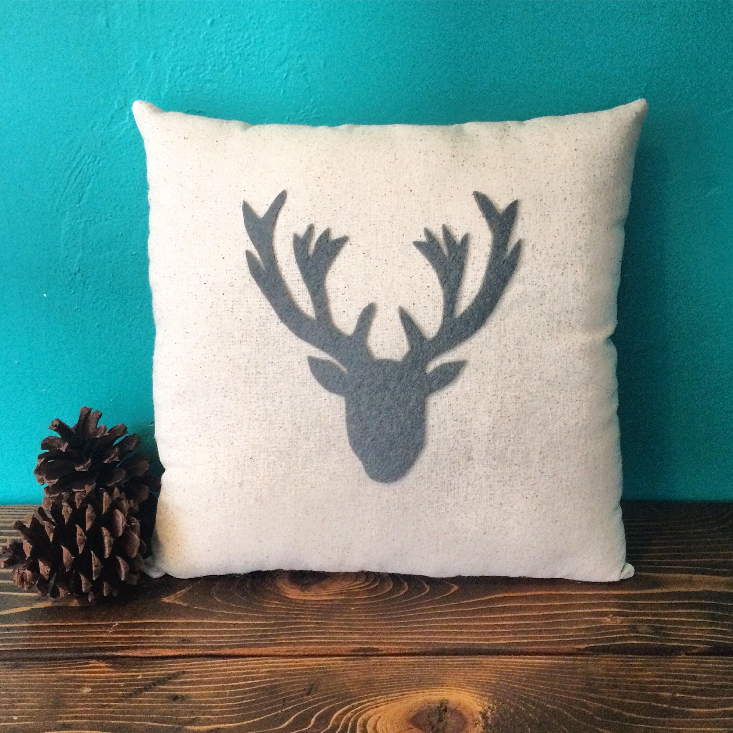 13 X 13 Natural Cotton Pillow With Deer Head Silhouette Applique