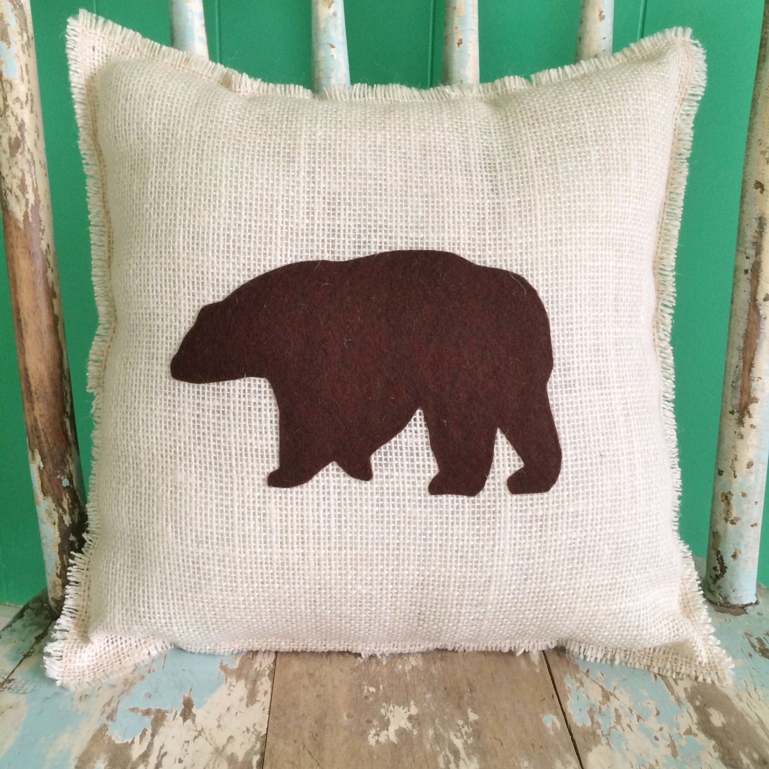 12 x 12 Burlap Fringe Pillow with Bear AppliqueWildlife Collection