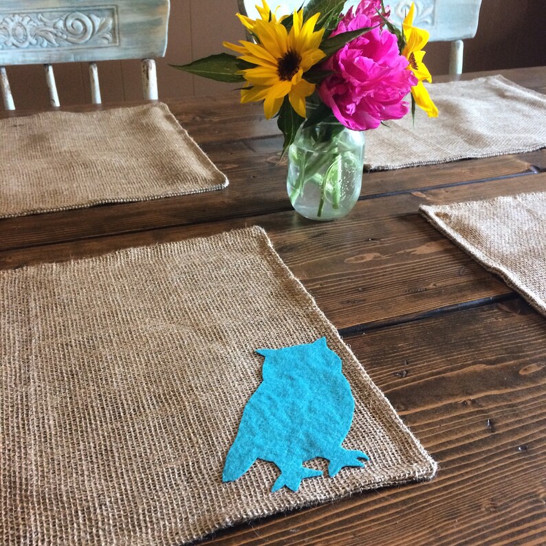 Customize-Moose-Bear-Buck-Doe-Owl-Rabbit-SquirrelRusticCountryFolk Decor Wildlife Themed Natural Burlap Placemats-Double Sided Set of 6