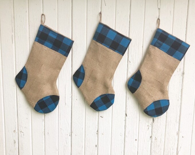 READY TO SHIP- Buffalo Check & Burlap Christmas Stocking- Black/Blue Buffalo Check- Natural Burlap-Flannel-Farmhouse-Holiday Decor