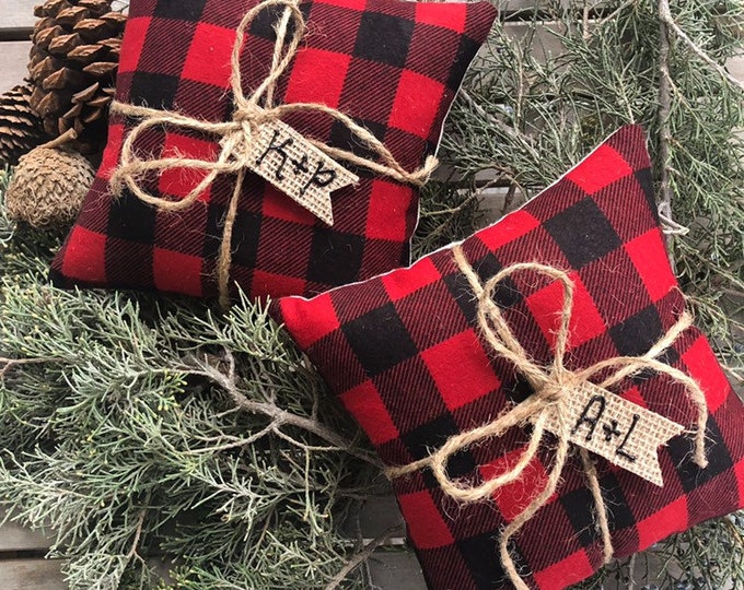 Buffalo Plaid & Natural Cotton Ring Bearer Pillow- Red/Black Check- Personalize with Initials or Date -Mountain-Outdoors-Summer-Wedding