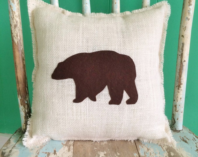 12" x 12" Burlap Fringe Pillow with Bear Applique-Wildlife Collection-Choose Your Animal and Colors-Rustic/Country/Folk/Natural-Cabin Decor