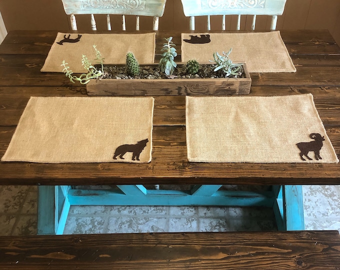 Set of 2- Wildlife Themed Natural Burlap Placemats-Double Sided- Customize-Moose-Bear-Buck-Doe-Owl-Rabbit-SquirrelRustic/Country/Folk Decor