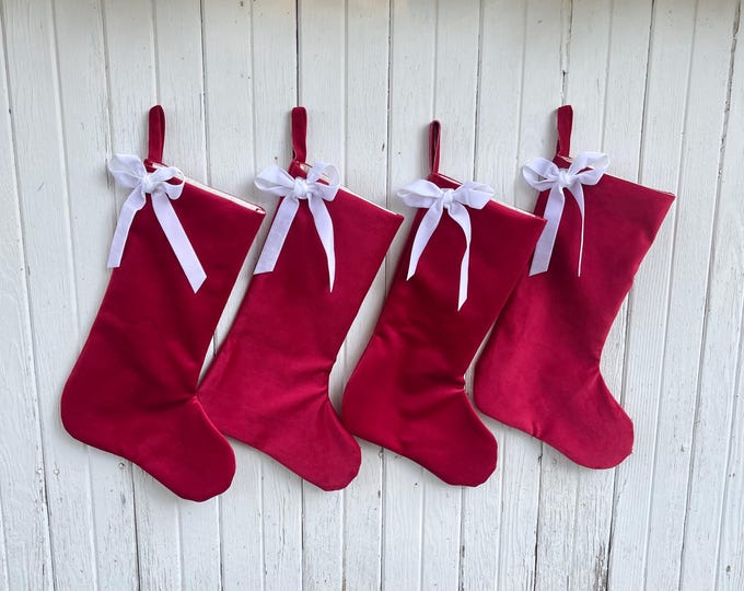 READY TO SHIP- Red Velvet Christmas Stocking with White Velvet Ribbon Bow- Classic Modern & Minimalist Family Stockings- Bow Holiday Decor