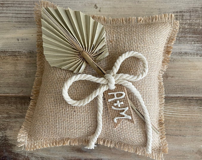 Natural Burlap Ring Bearer Pillow with Natural Palm Spear- Cotton Rope and Personalized Burlap Tag- Fringe Detail- Boho Wedding