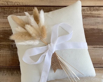 Velvet Ring Bearer Pillow w/ White Velvet Ribbon- Dried Bunny Grass Bundle- Personalized Tag- Boho Wedding- Khaki-Dusty Blue-Terracotta-Sage