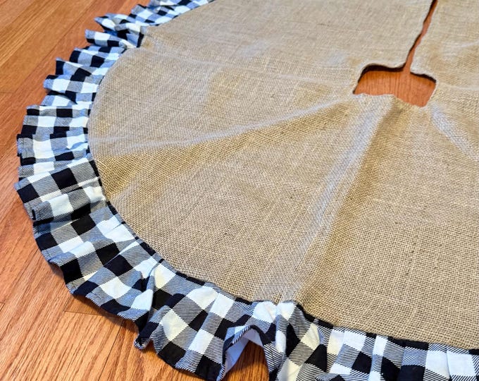 48" Natural Burlap Christmas Tree Skirt with Black & White Buffalo Plaid Ruffle- Rustic Farmhouse Holiday Decor- Country Cabin